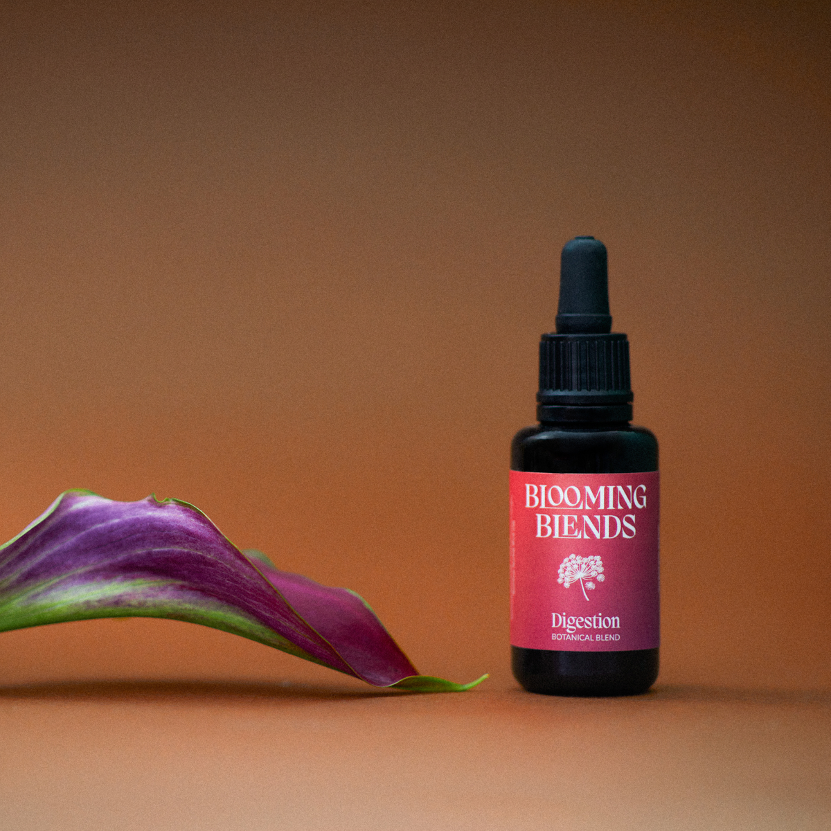 A small dark dropper bottle labeled 'BLOOMING BLENDS Digestion' stands on a warm brown surface against a matching brown background, with a purple-green flower petal placed to the left as a styled prop.