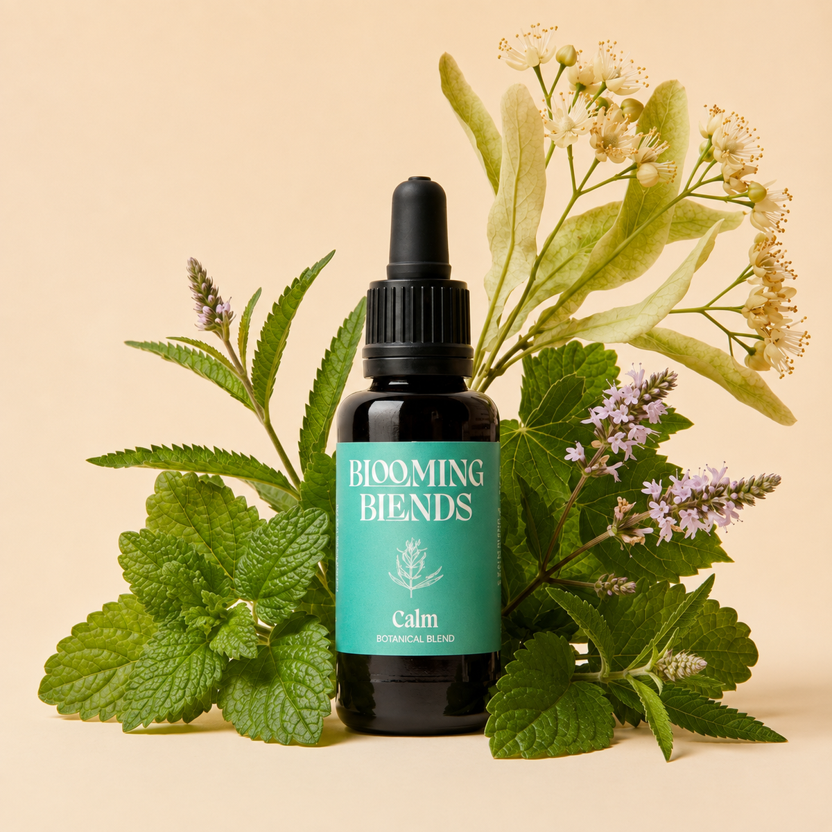 Blooming Blends Calm tincture surrounded by lemon balm, linden flower, vervain and oat straw