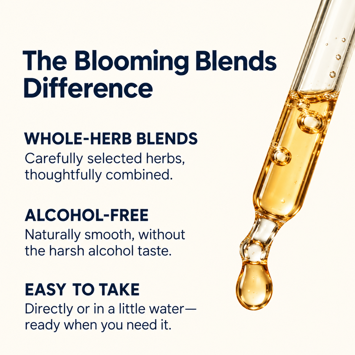 The Blooming Blends Difference: whole-herb blends, alcohol-free and easy to take, shown with a dropper of tincture