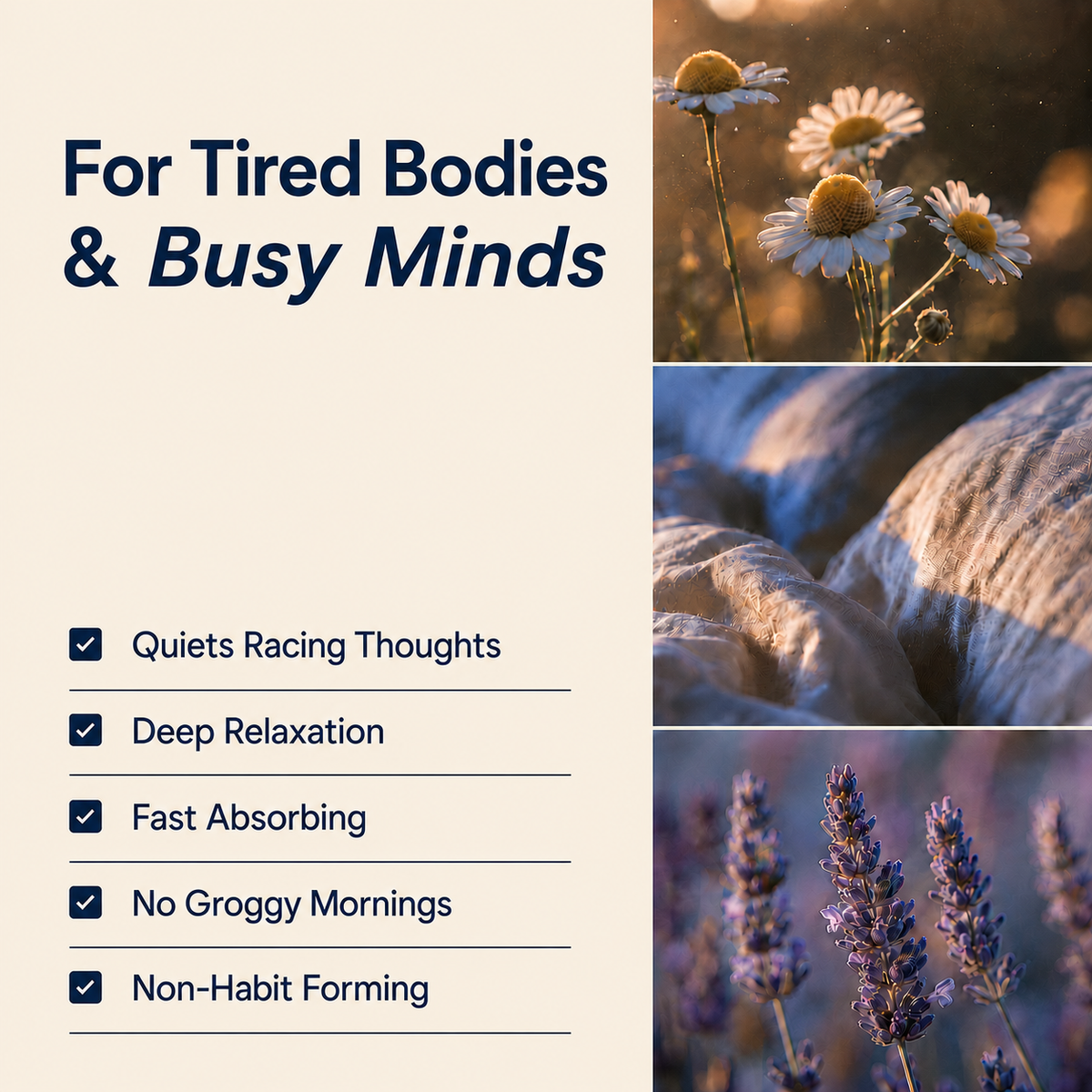 Nighttime tincture benefits: quiets racing thoughts, deep relaxation, no groggy mornings, with chamomile and lavender