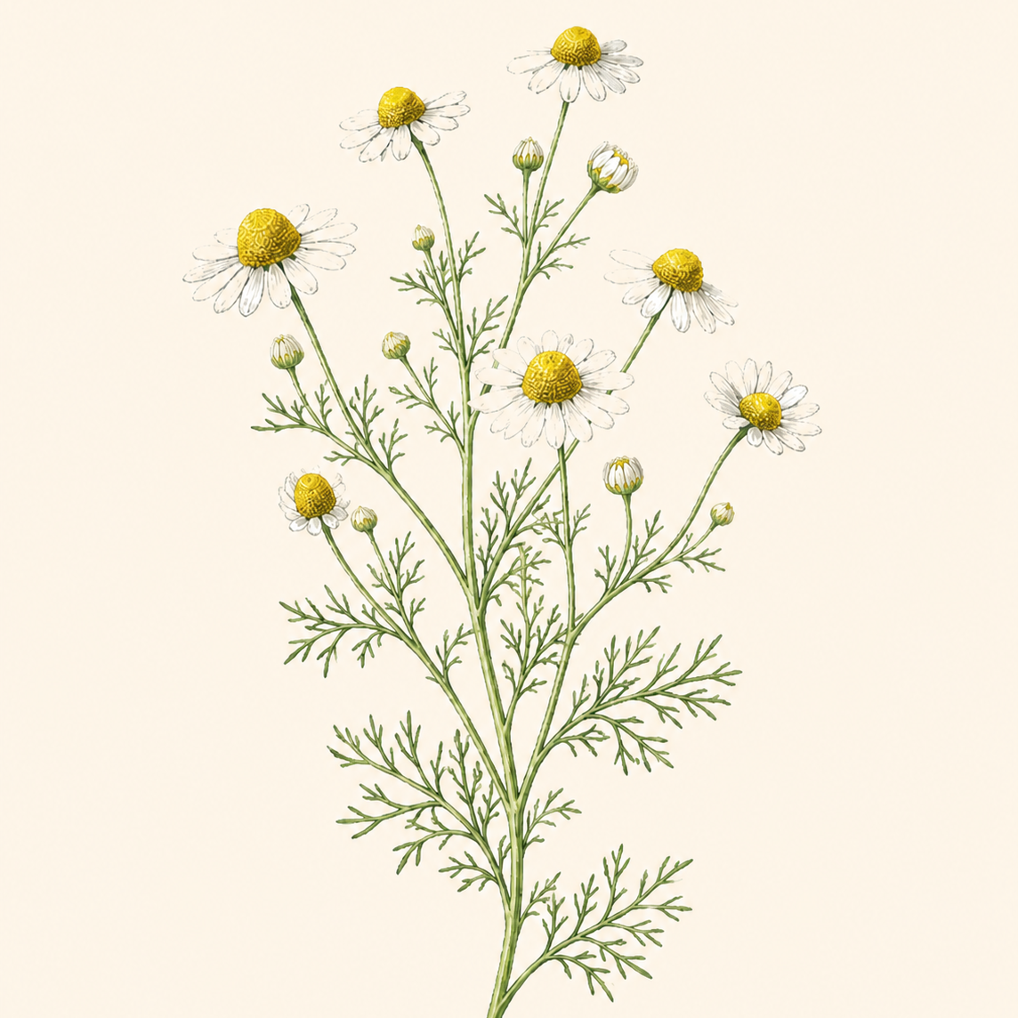 Botanical illustration of chamomile flowers with white petals and yellow centres