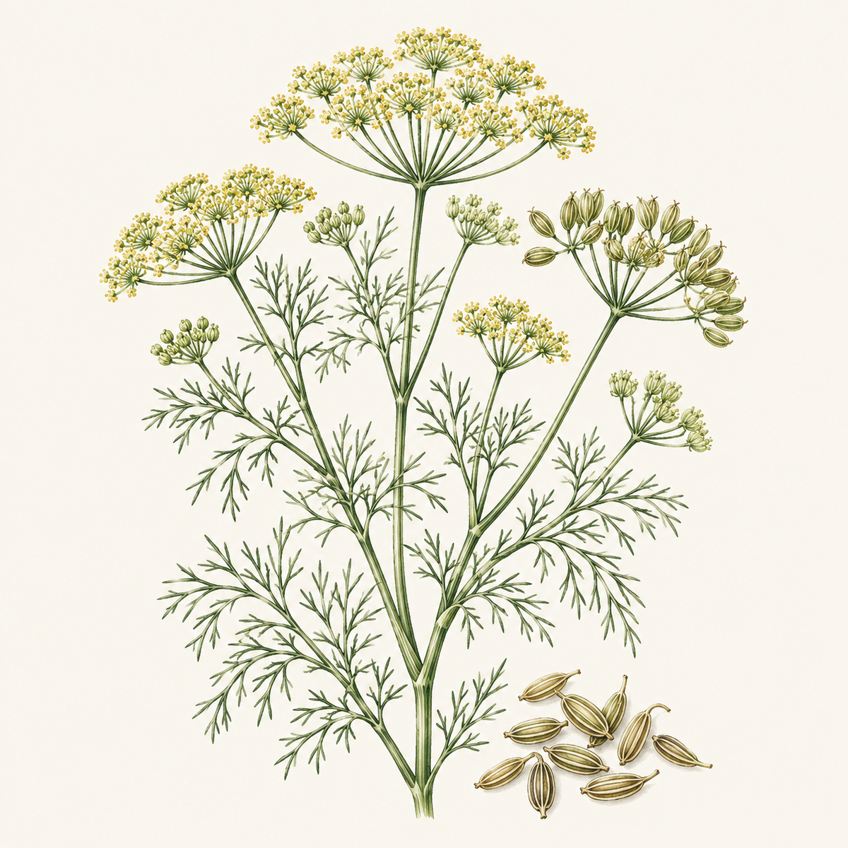 Botanical illustration of fennel with yellow flower heads and seeds