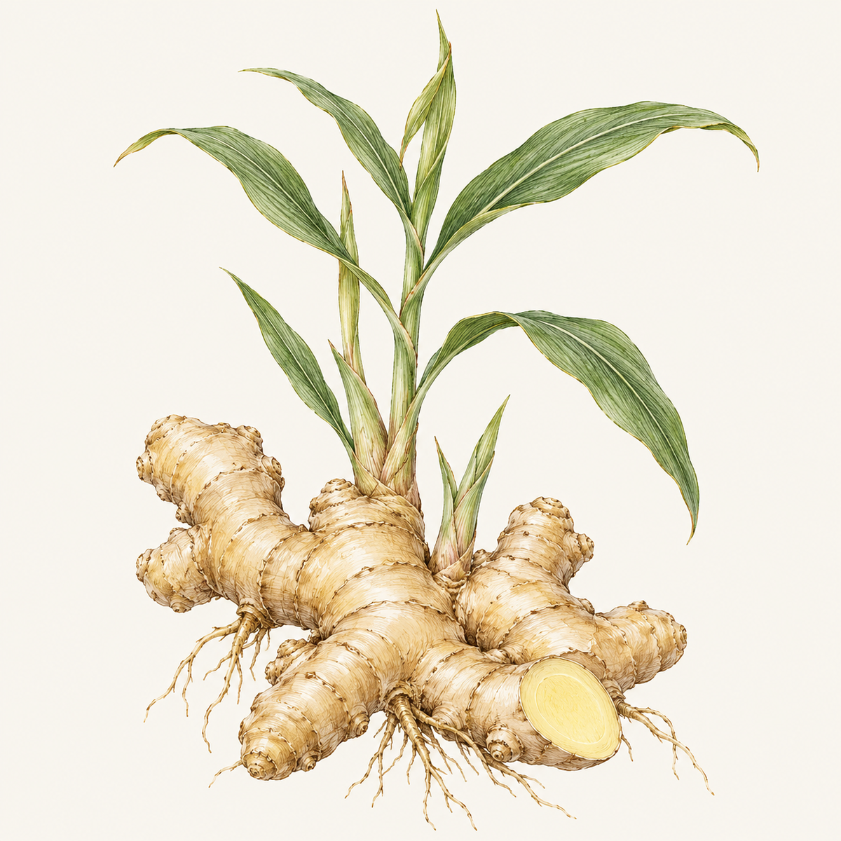 Botanical illustration of ginger root with green shoots