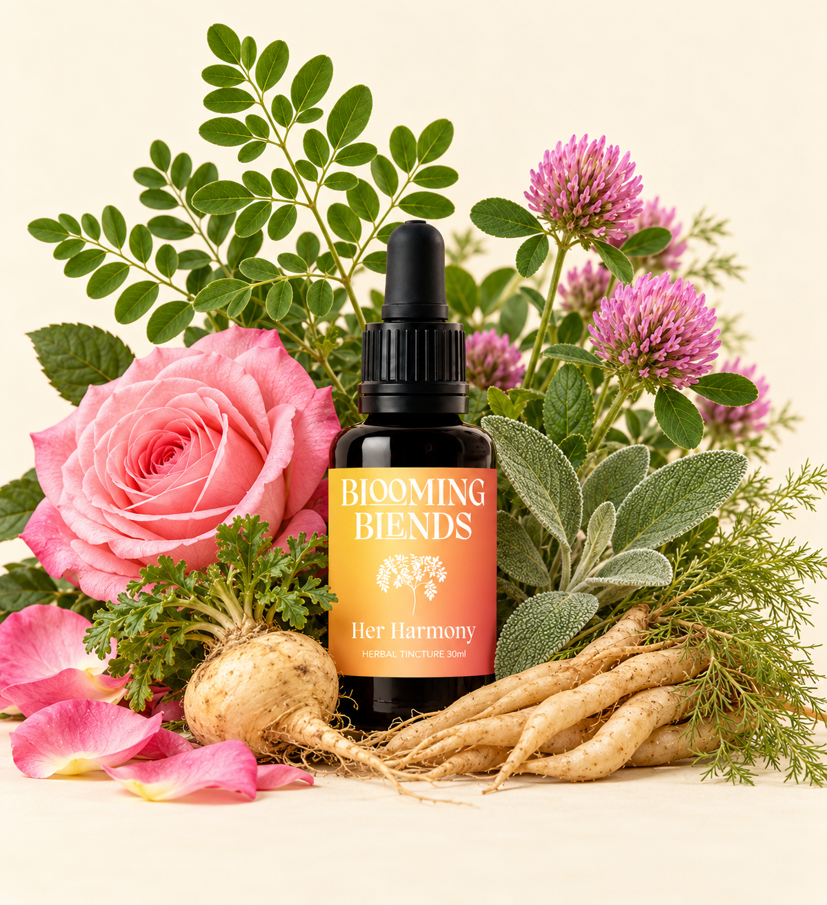 Blooming Blends Her Harmony tincture with rose, red clover, sage, moringa, maca and shatavari