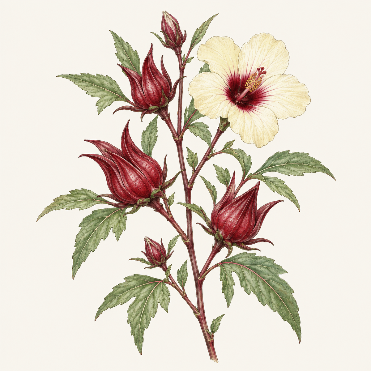 Botanical illustration of hibiscus with deep red calyces and a pale yellow flower