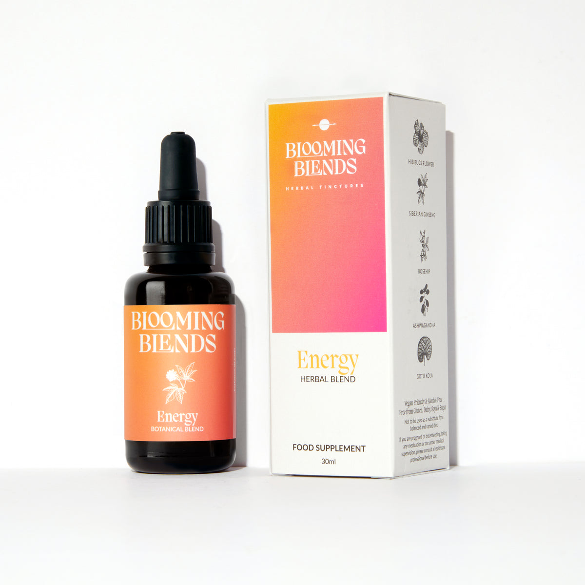 Blooming Blends Energy herbal blend tincture 30ml bottle in orange label beside its box