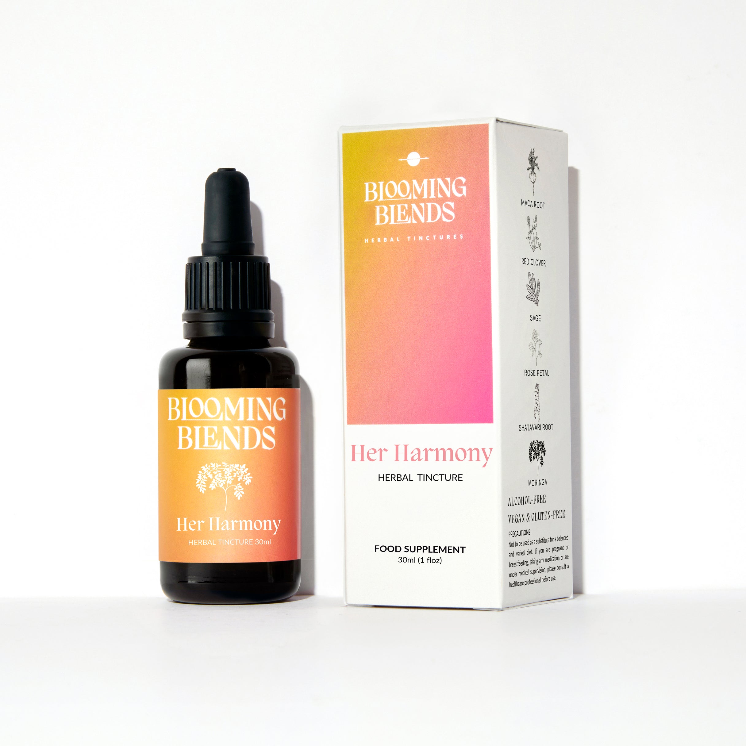 Her Harmony Tincture bottle for hormonal balance by Blooming Blends
Liquid herbal supplement using traditional herbs associated with supporting the menopause