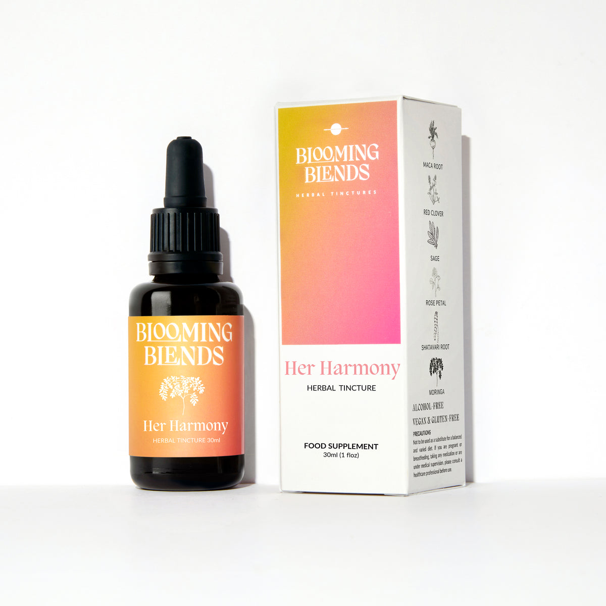 Her Harmony Tincture bottle for hormonal balance by Blooming Blends
Liquid herbal supplement using traditional herbs associated with supporting the menopause