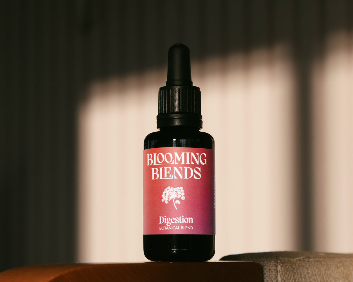 Blooming Blends Digestion tincture bottle in soft window light and shadow
