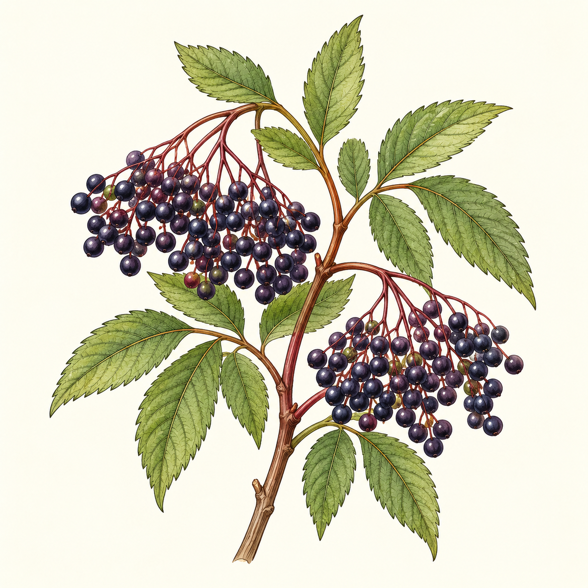 Botanical illustration of black elderberry clusters and serrated leaves