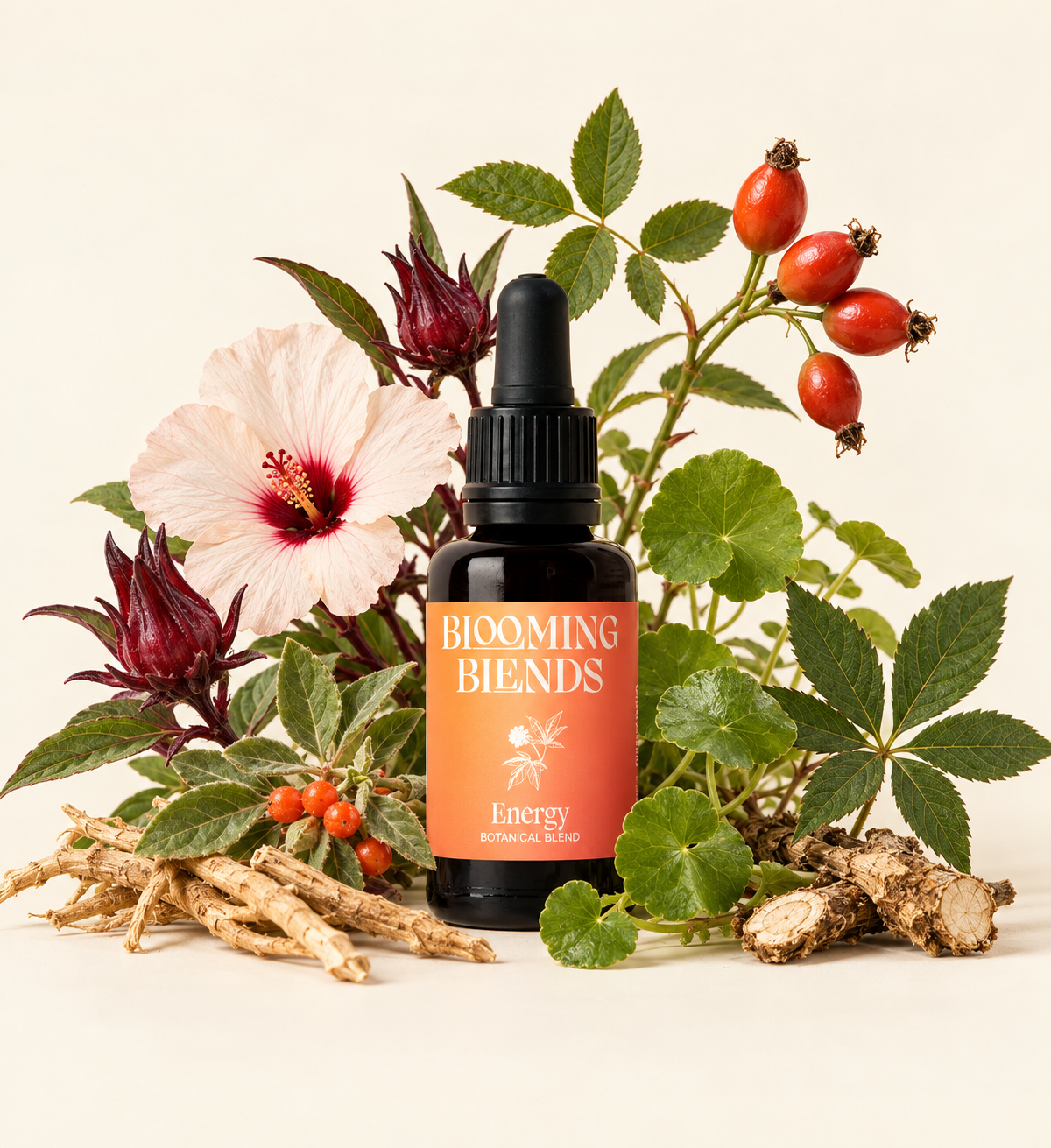 Blooming Blends Energy tincture with hibiscus, rose hips, gotu kola, ginseng and ashwagandha roots