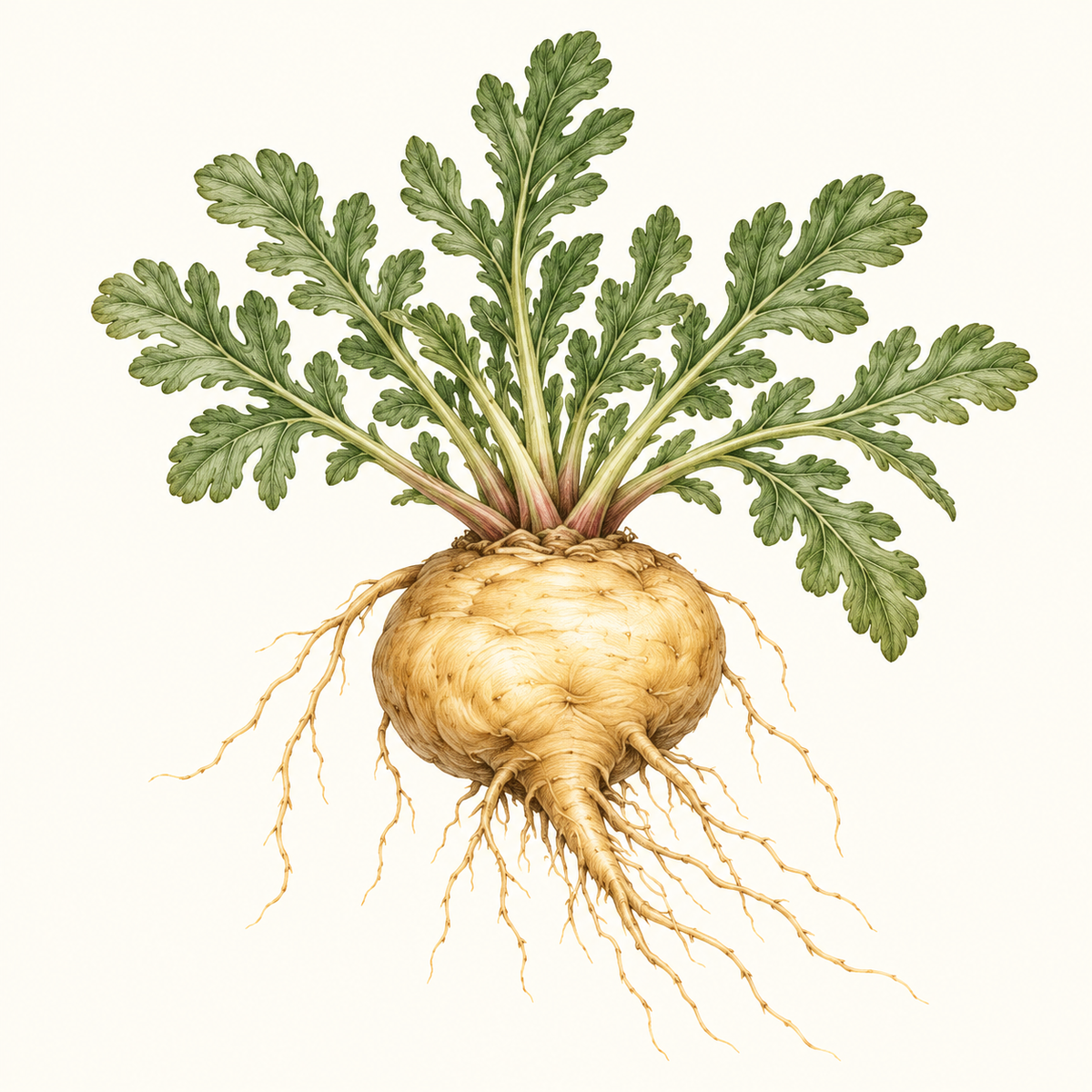 Botanical illustration of maca root with leafy green tops