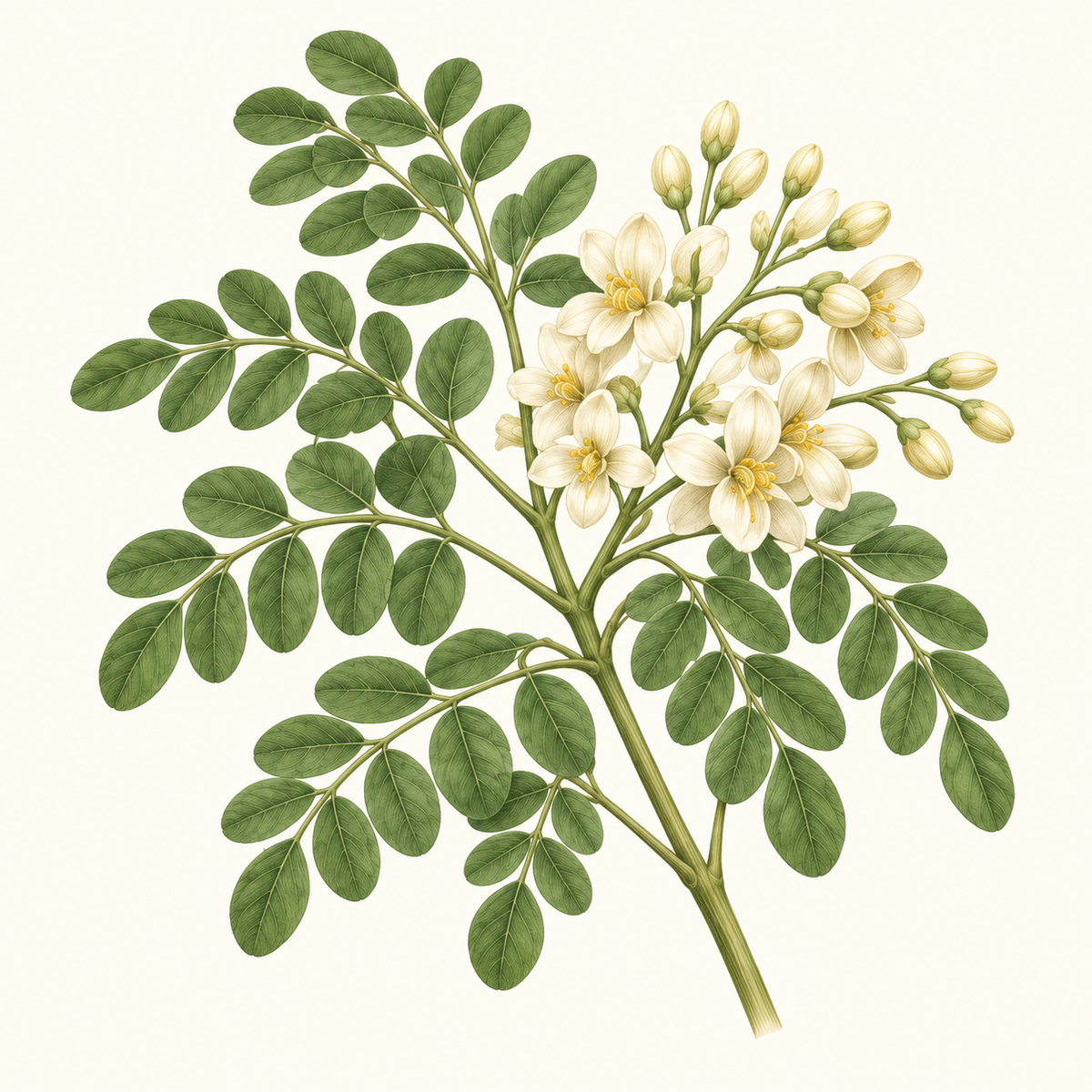Botanical illustration of moringa leaves and white blossoms