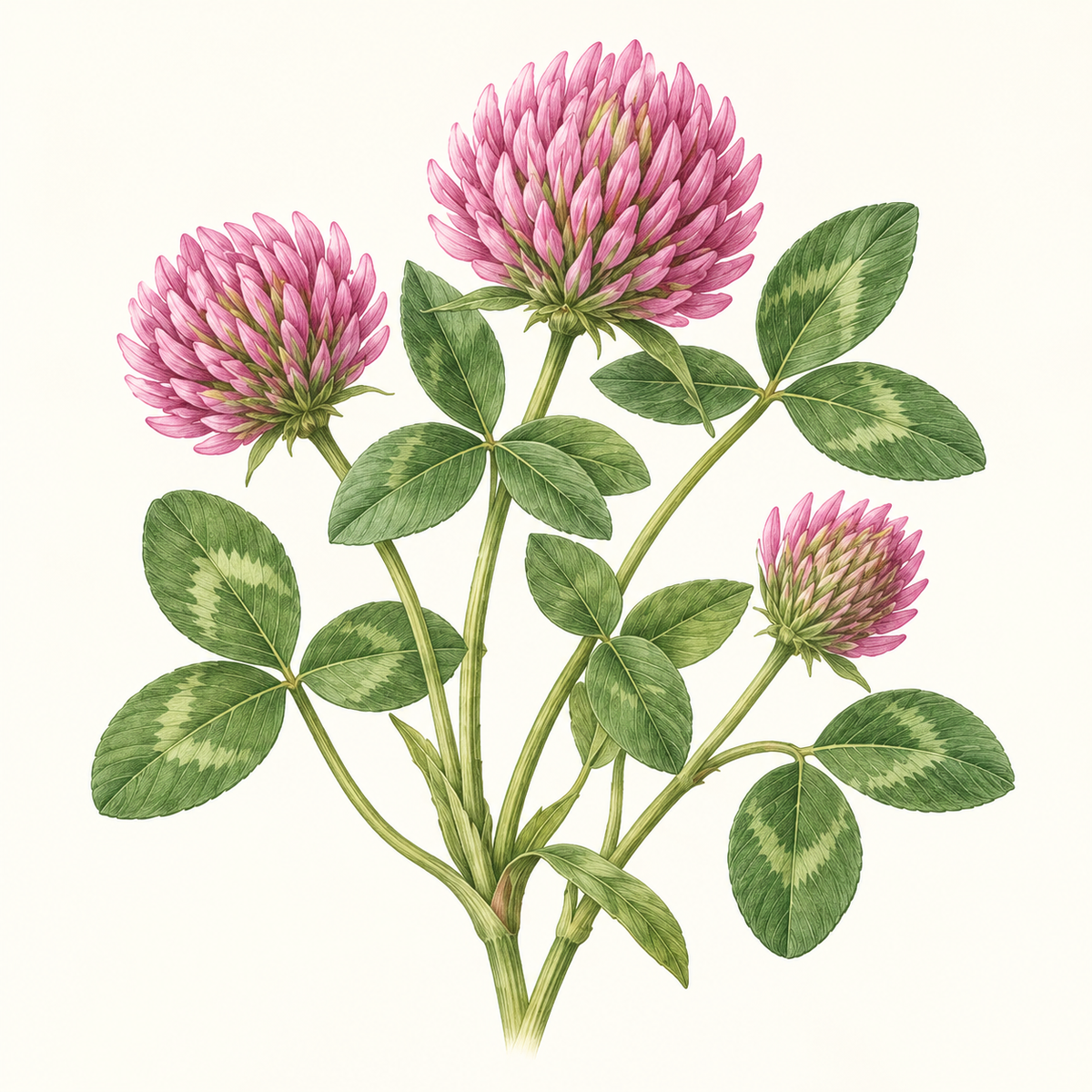 Botanical illustration of red clover flowers and leaves