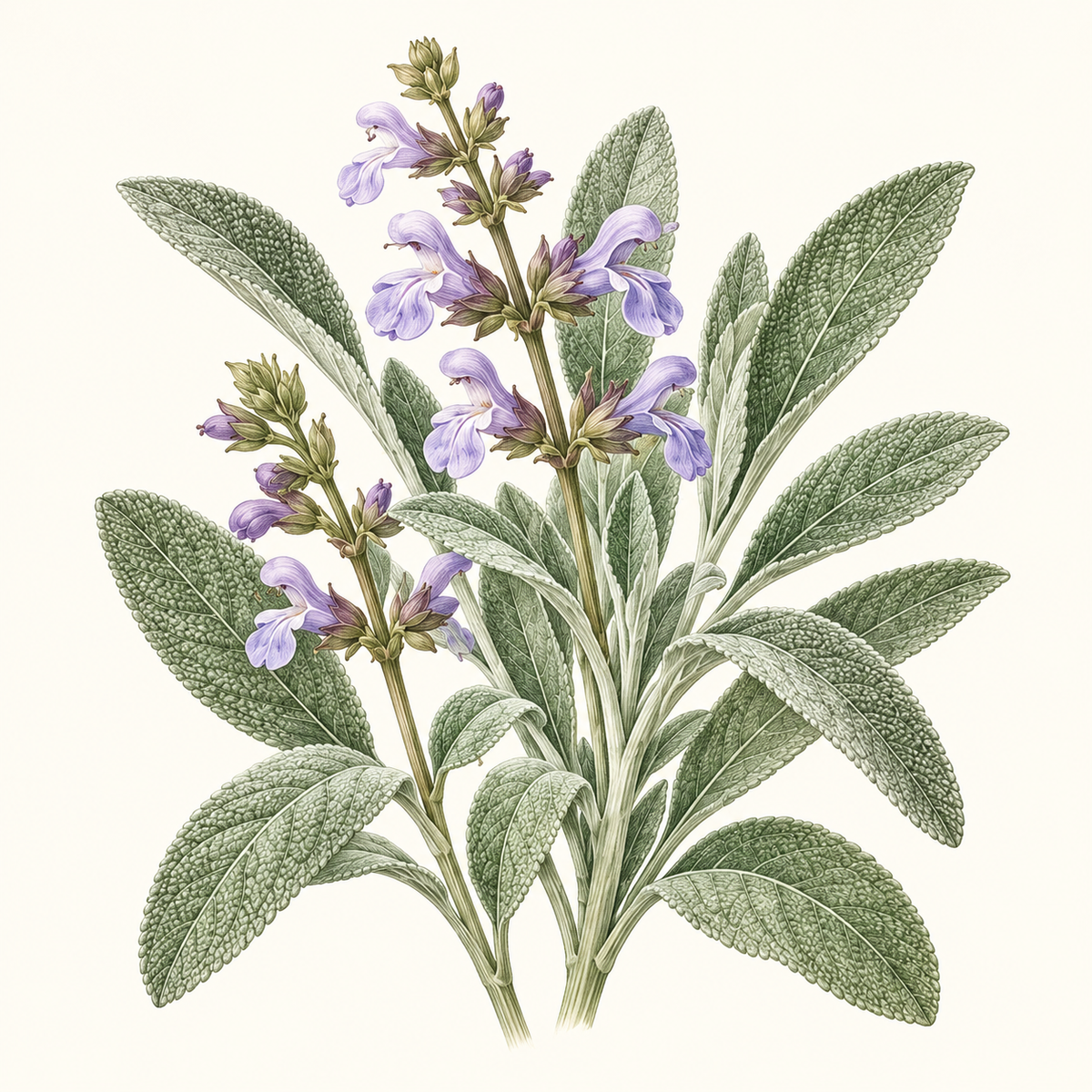 Botanical illustration of sage leaves with purple flowers