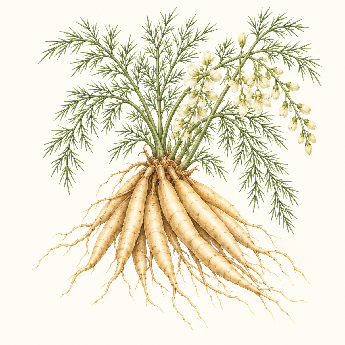 Botanical illustration of shatavari roots with feathery foliage and small flowers