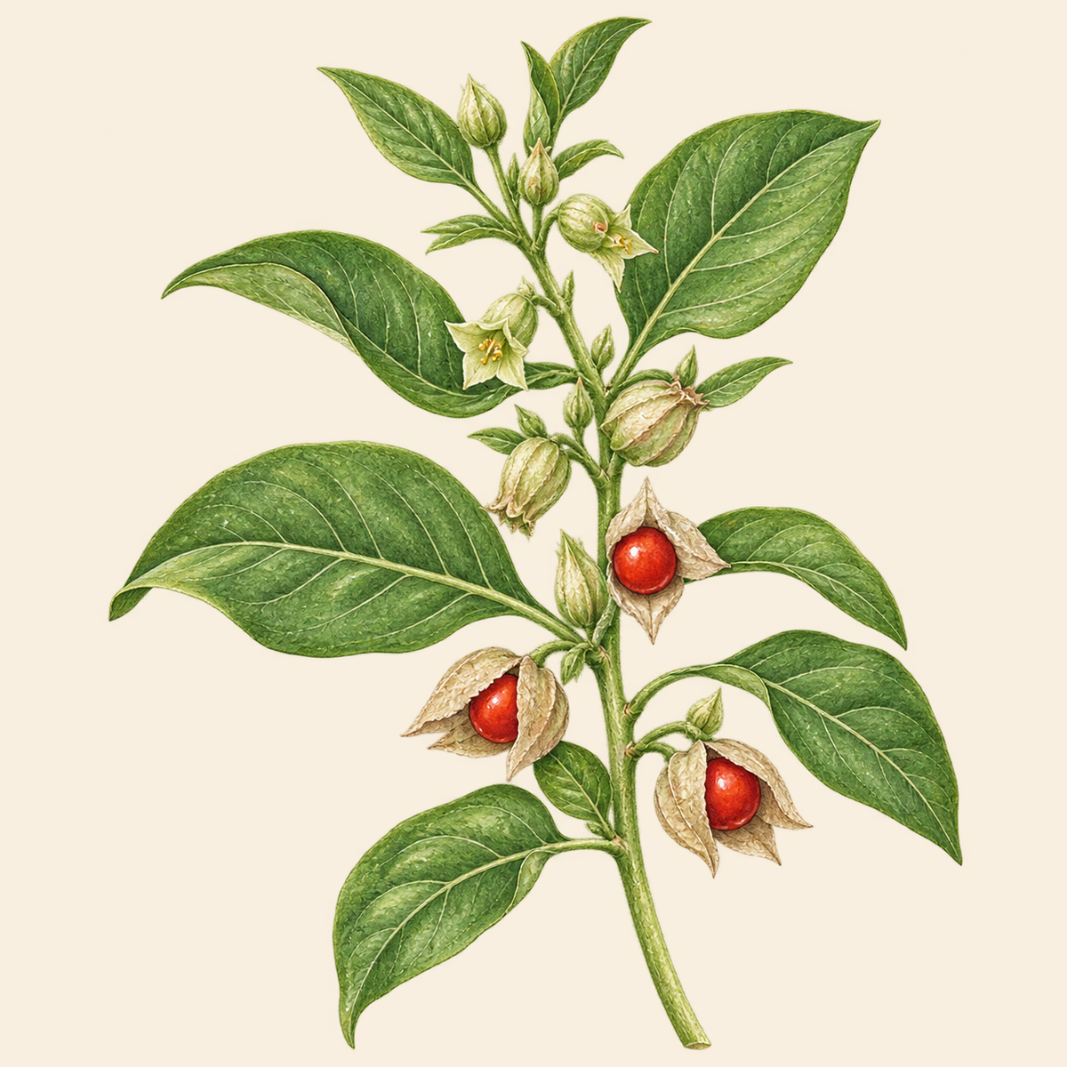 Botanical illustration of ashwagandha with green leaves and red berries in papery husks