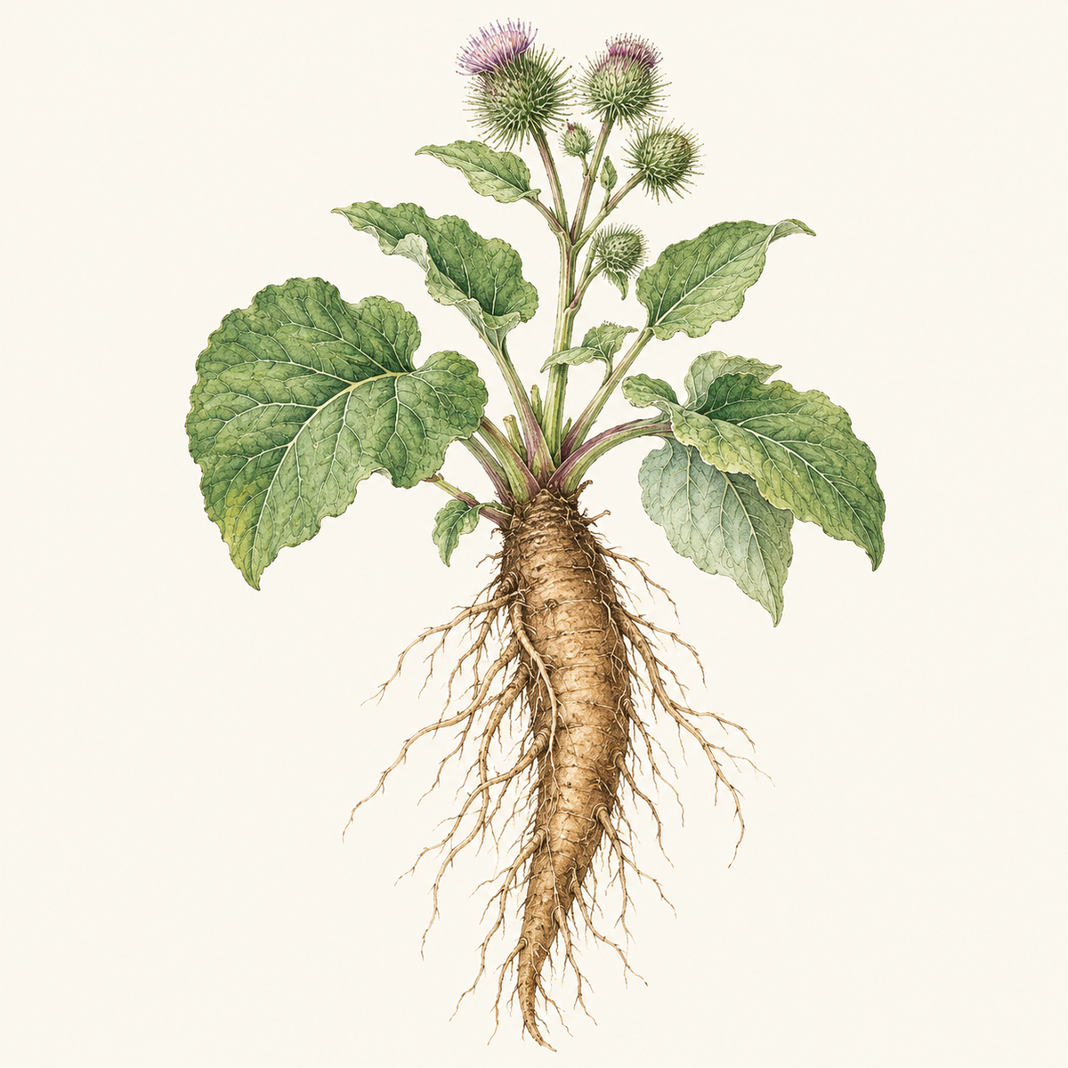 Botanical illustration of burdock with purple thistle flowers and a long root