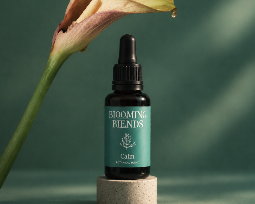 Blooming Blends Calm tincture bottle on a stone plinth with a calla lily on a deep green background