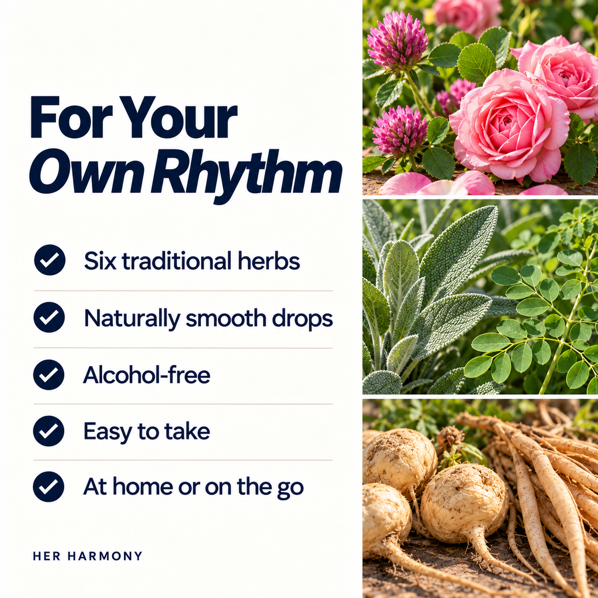 Her Harmony tincture benefits: six traditional herbs, alcohol-free, with rose, red clover, sage, moringa and maca