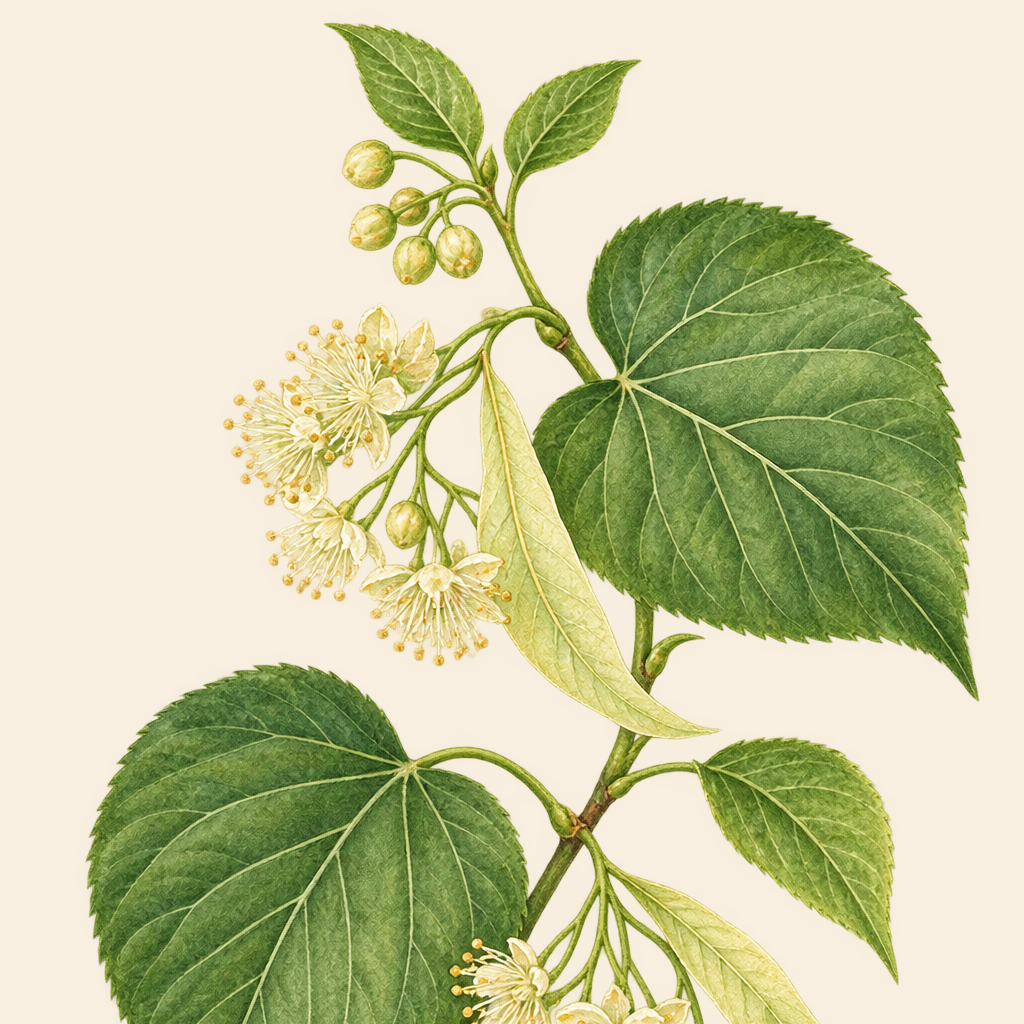 Botanical illustration of linden flower with heart-shaped leaves and pale blossoms