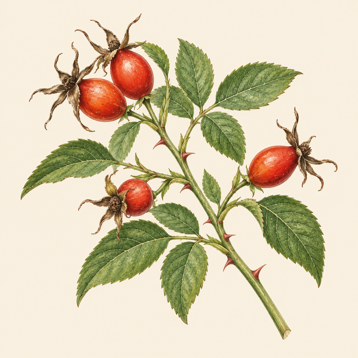 Botanical illustration of red rose hips on a thorny stem