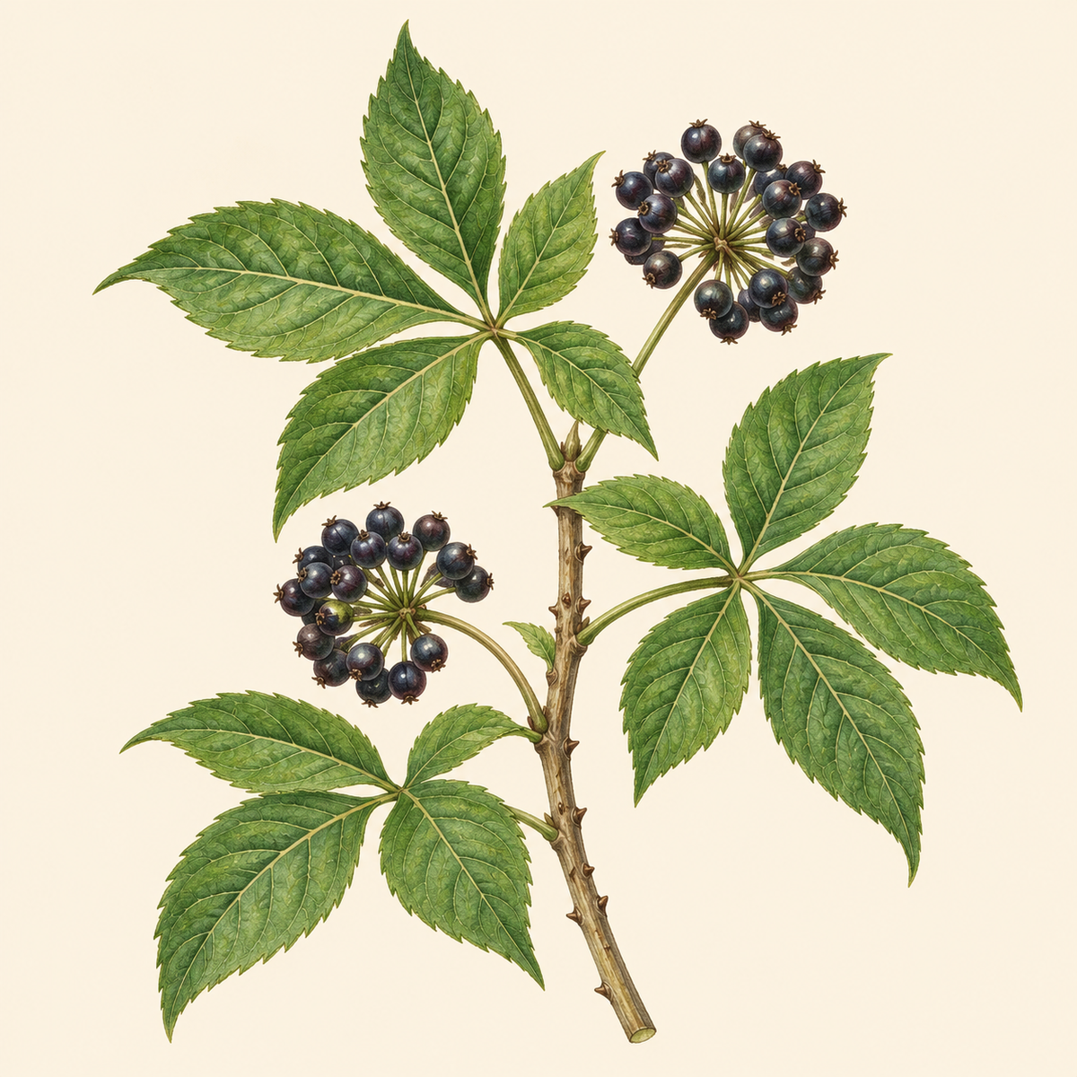 Botanical illustration of Siberian ginseng with dark berry clusters