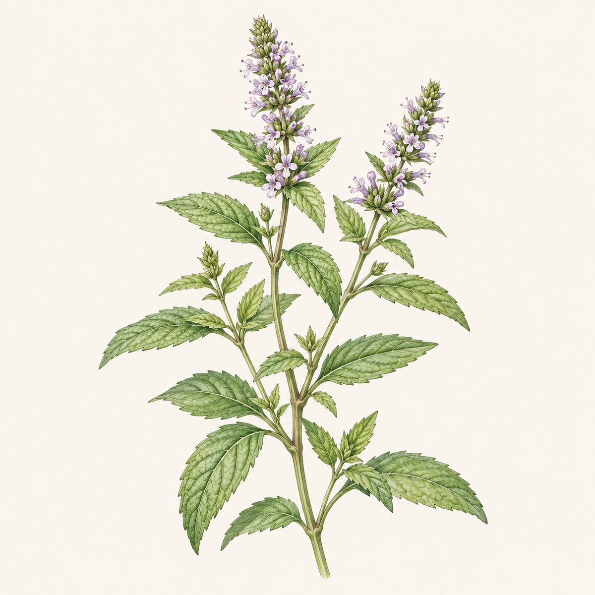 Botanical illustration of spearmint with lilac flower spikes